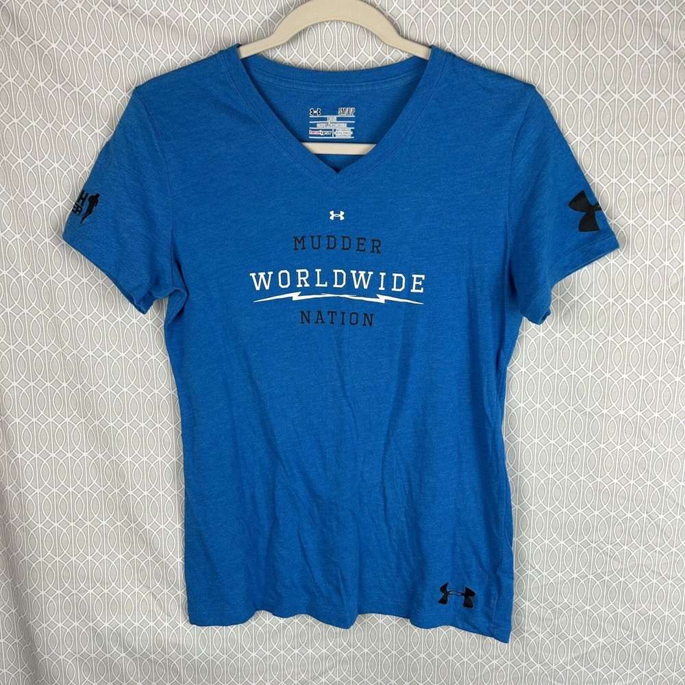 Under Armour Women's Small Tough Mudder Worldwide Nation Shirt V Neck Blue